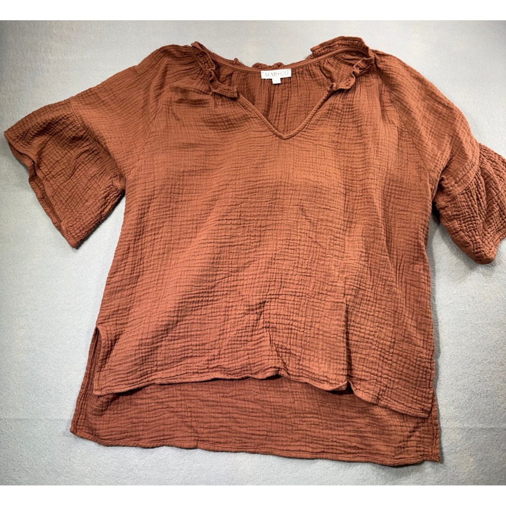 AEMI+CO Gauze Blouse Women Sz L Rust Brown Crinkle Cotton Boho Short Sleeve Top